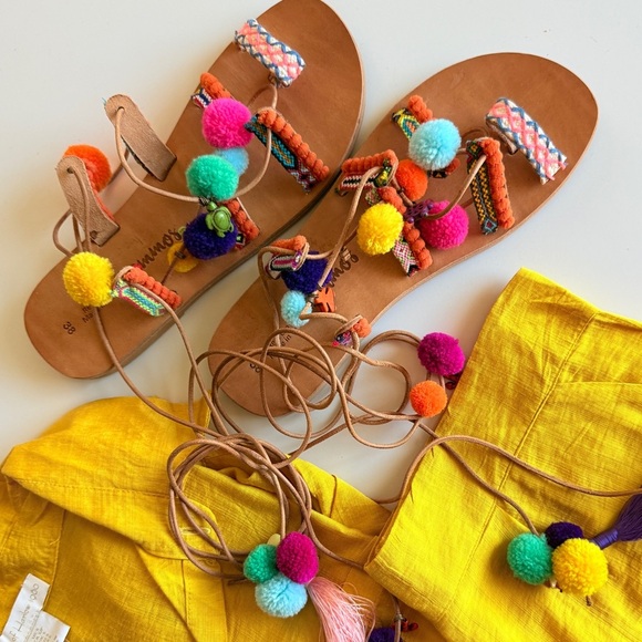 Ammos Genuine Leather Greece Pom Friendship Charm Gladiator Wrap Sandal Size 7 - Picture 10 of 15